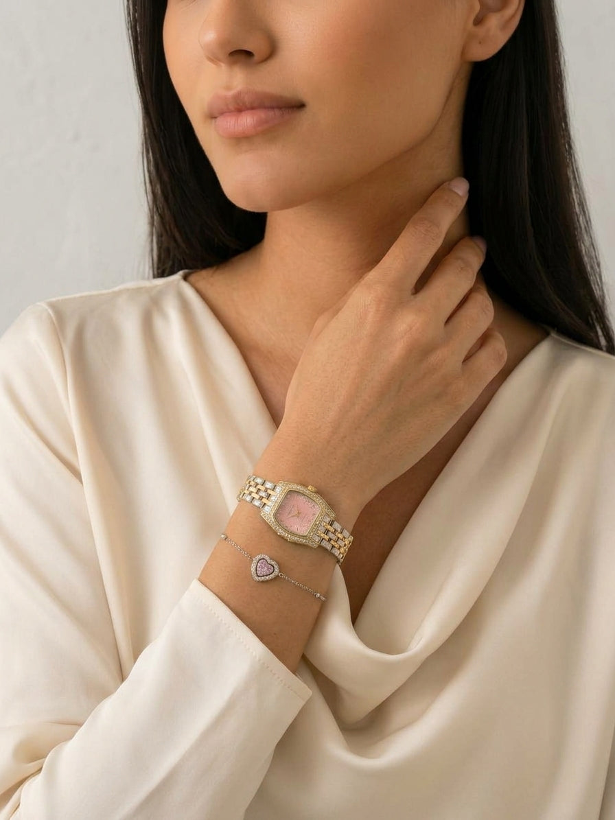 Coffret Montre Bicolore & Bracelet Cœur Rose