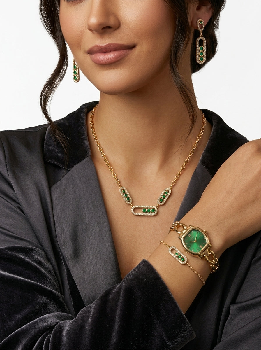 Coffret Parure Élégance Émeraude – Montre & Bijoux Vert-Dorés