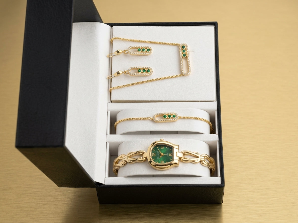 Coffret Parure Élégance Émeraude – Montre & Bijoux Vert-Dorés