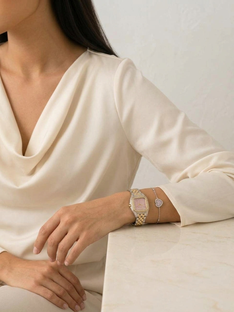 Coffret Montre Bicolore & Bracelet Cœur Rose